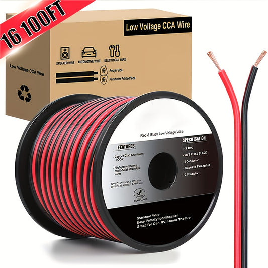100Ft 16Awg Copper Clad Aluminum Wire | 16/2 Gauge Red Black Cca Electrical Cable, 2 Conductor Parallel, 12V/24V Dc Flexible Extension Cords For Car Audio Radio Speaker Amplifier | Brand: Nilight