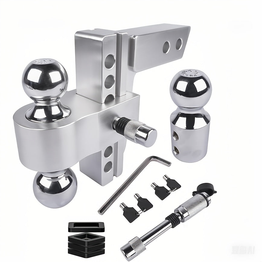 Adjustable Trailer Hitch Fits 2-Inch Receiver, 6/8Inch Drop Hitch Heavy Duty Aluminum Drop Hitch | Tri-Ball (1-7/8" X 2" X 2-5/16") With Dual Pin Key Locks And 15000 LBS GTW-Truck Trailer Hitch, Heavy Duty Solid Ball Mount, S