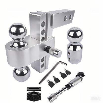 Adjustable Trailer Hitch Fits 2-Inch Receiver, 6/8Inch Drop Hitch Heavy Duty Aluminum Drop Hitch | Tri-Ball (1-7/8" X 2" X 2-5/16") With Dual Pin Key Locks And 15000 LBS GTW-Truck Trailer Hitch, Heavy Duty Solid Ball Mount, S