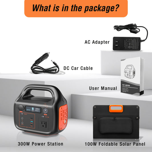 300W/294Wh Portable Power Station with Foldable Solar Panel (100W), 294Wh Solar Generator & 100W Solar Panel, Suitable for Family Emergency Outdoor Hunting Camping RV Trip