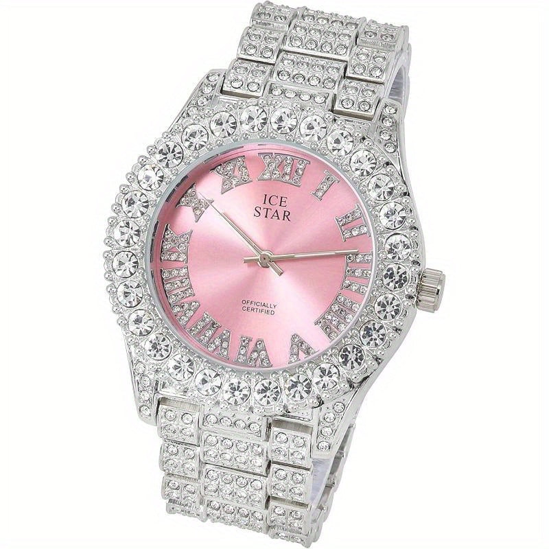 Womens Iced Solitaire Bezel Watch & Tennis Bracelet Set, 44mm Case, Women'S Jewelry Set, Gift for Her, Luxury Accessories, Sophisticated Style, Chic Design, Durable Bracelet, Highquality Jewelry, Matching Set, Bracelet And Wa