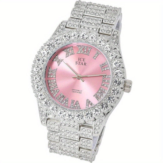 Womens Iced Solitaire Bezel Watch & Tennis Bracelet Set, 44mm Case, Women'S Jewelry Set, Gift for Her, Luxury Accessories, Sophisticated Style, Chic Design, Durable Bracelet, Highquality Jewelry, Matching Set, Bracelet And Wa