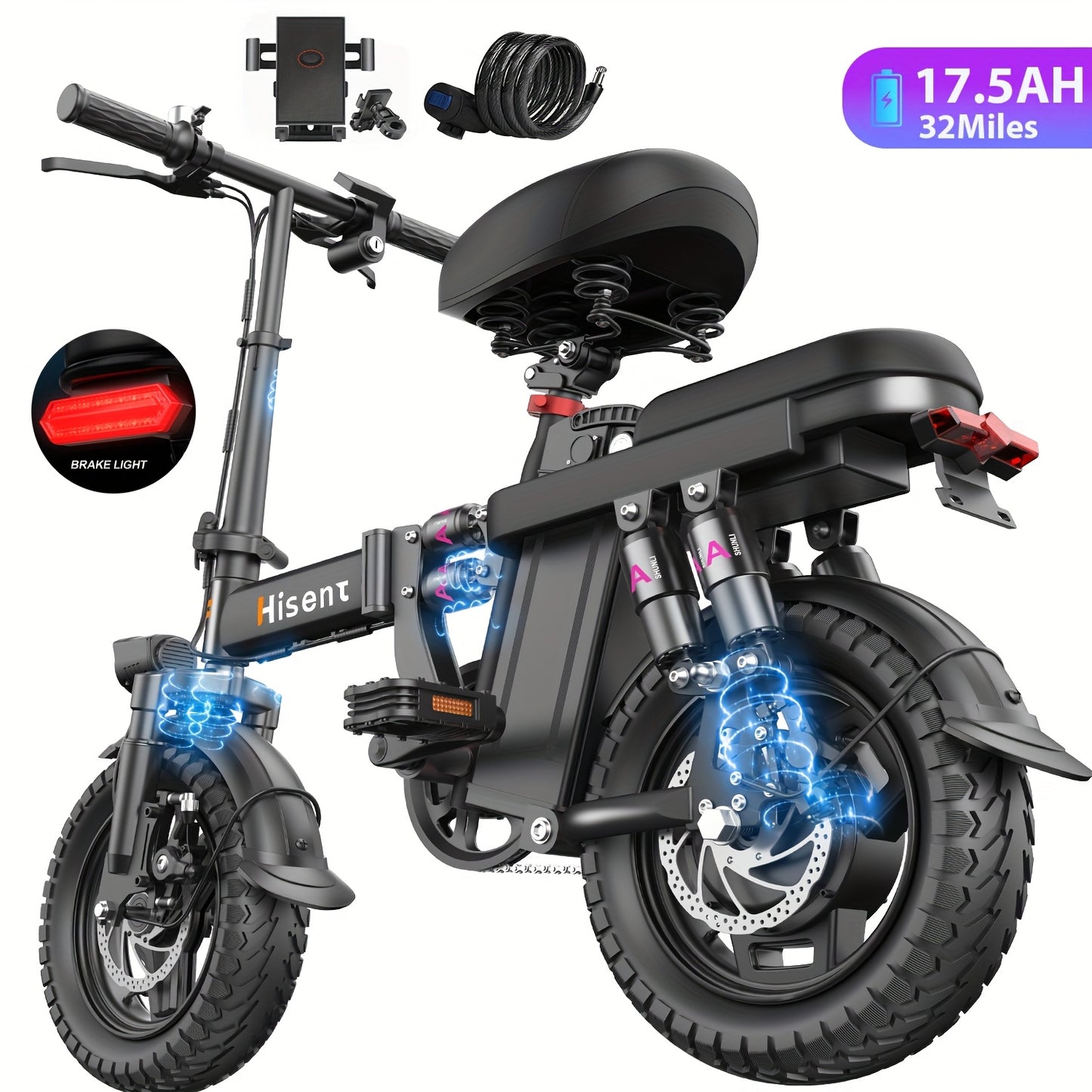 Hisent 740W Folding Electric Bike Is Suitable for Both Adults And Teenagers.14" Tires, 740W Brushless Motor, 48V 6A/10A/15A/17.5A Lithium Battery, Range Of 8-35 Miles, Multiple Shock Absorbers, Alloy Steel Frame, LCD Display