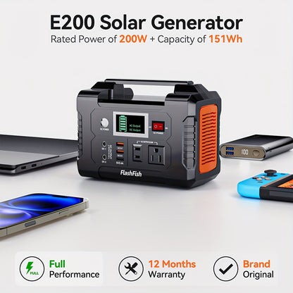 200W Portable Power Station/60W Solar Panel/200W Solar Station Set With 60W/100W Solar Panel, FlashFish 40800mAh Solar Generator With 110V AC Outlet/2 DC Ports/3 USB Ports, Backup Battery Power Supply For Outdoor Advanture Tr