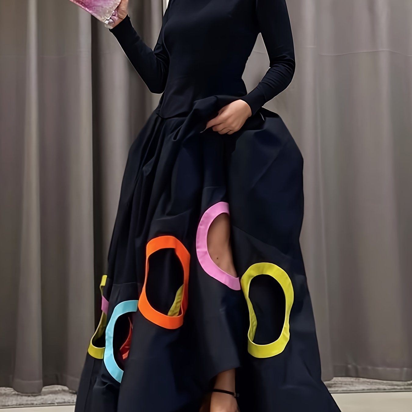 Women's Elegant A-Line Maxi Dress - Long Sleeve Hollow Round Neck Loose Fit Dress Suitable for Weddings, Parties, Banquets | Fall Winter Wedding Guest Gown