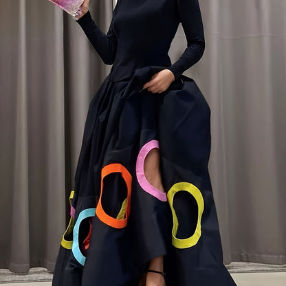 Women's Elegant A-Line Maxi Dress - Long Sleeve Hollow Round Neck Loose Fit Dress Suitable for Weddings, Parties, Banquets | Fall Winter Wedding Guest Gown