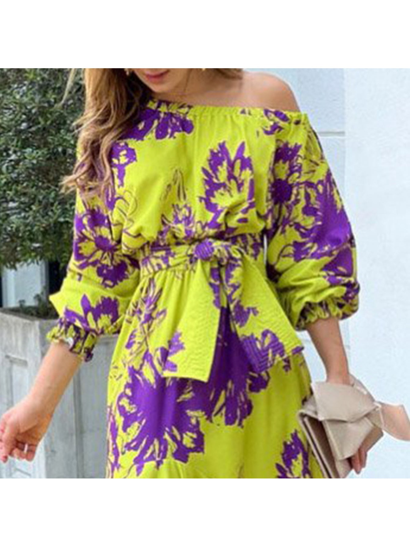 2026 Spring New Temperament Elegant Print Long Sleeve Slanted Collar Loose Dress Spring Spring Wear Spring Fashion Women's Spring and Summer Dresses Spring and Summer Dresses Women's Dresses Suitable for Bridesmaids Prom Outf