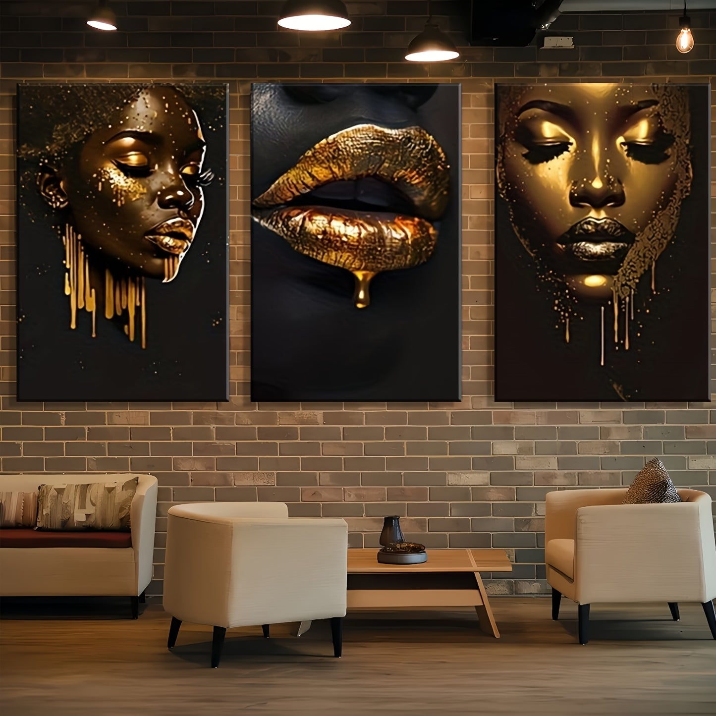 3pcs inset wood framed canvas paintings Golden and black portrait with bold lipshome decor and accessorie