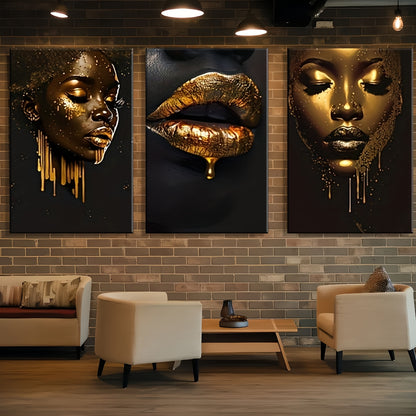 3pcs inset wood framed canvas paintings Golden and black portrait with bold lipshome decor and accessorie
