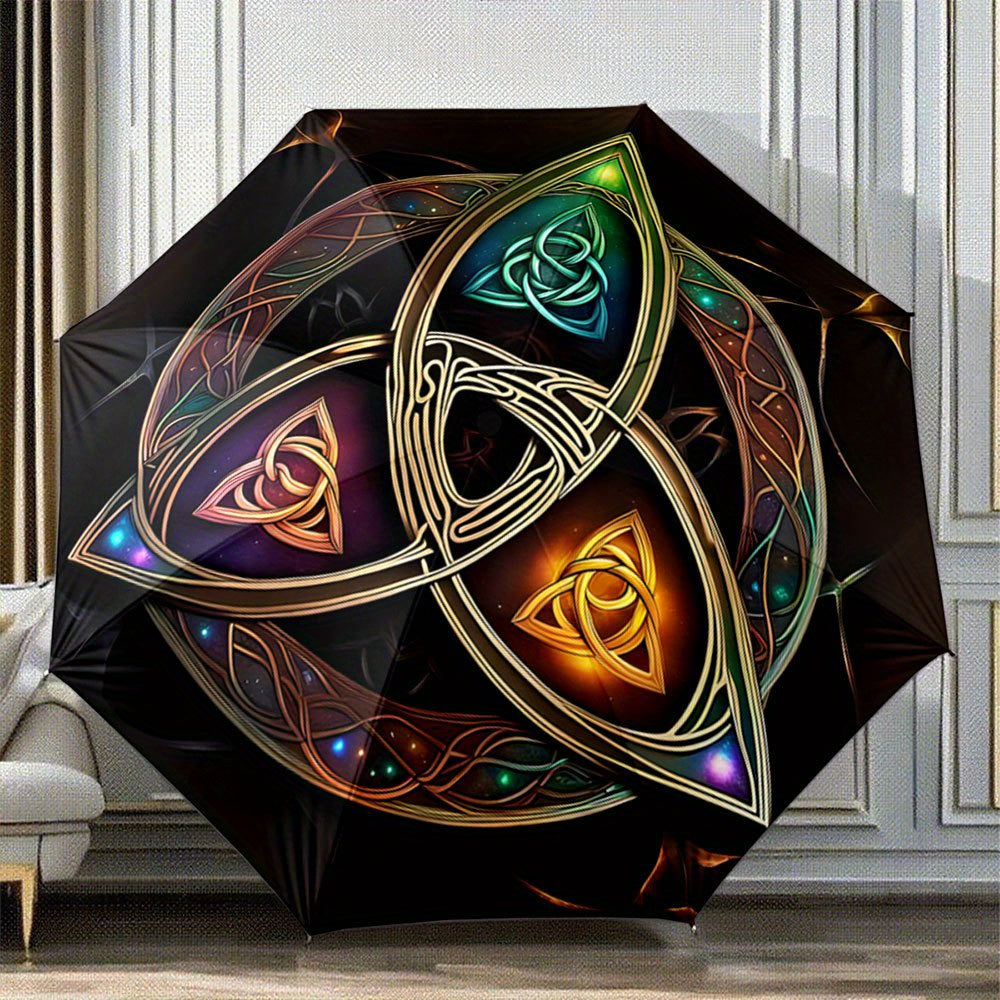 Automatic Opening/Closing Umbrella with Celtic Knot Design - Automatic Folding/Opening, 8-Rib Windproof Construction, Golden/Green/Blue/Purple/Black/Orange/Red/White/, Compact Travel Umbrella for Women/Men, Celtic Knot Patter