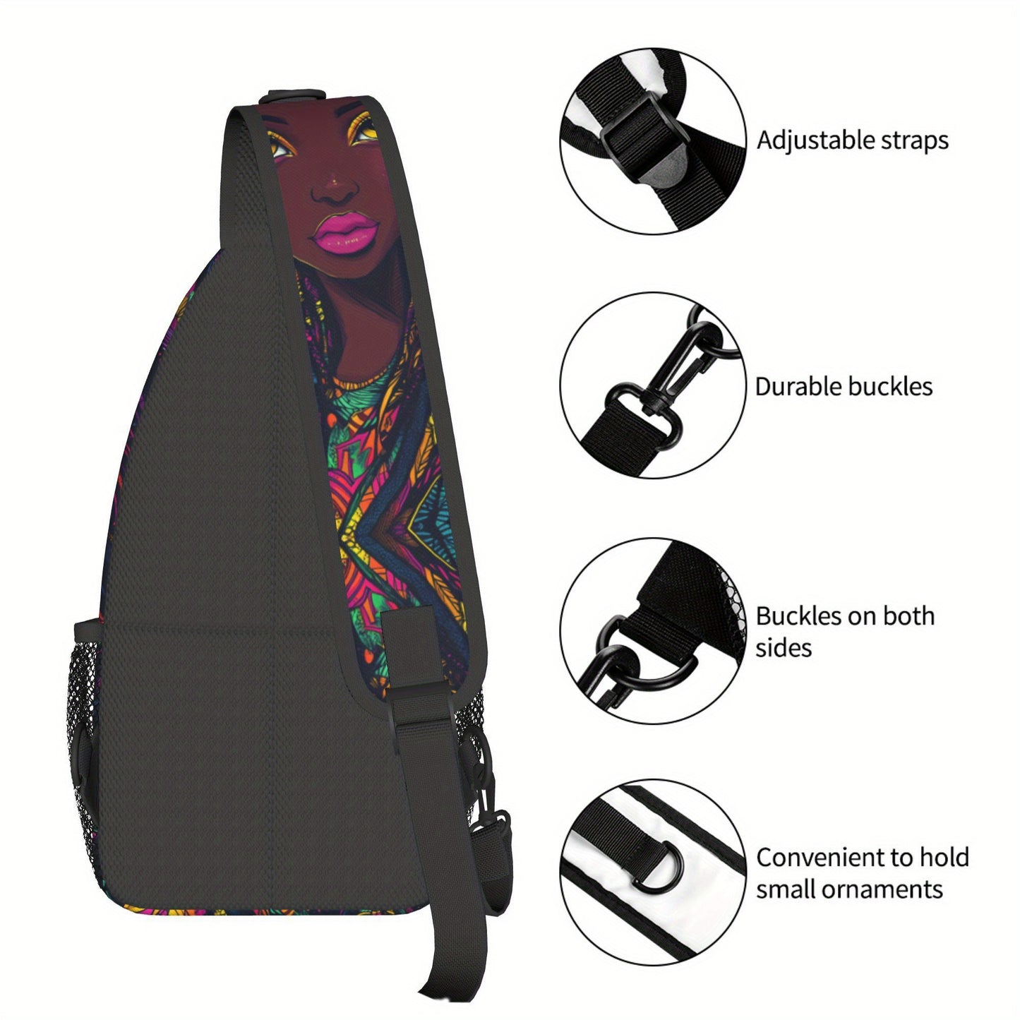 Women's African Print Crossbody Bag - Large Capacity Chest Bag with Zipper Closure, Bold African Woman Portrait in Purple, Blue, Yellow, Green, Red - Durable Gym, Travel, Everyday Bag for Women - Easy-Care Hand Washable Desig