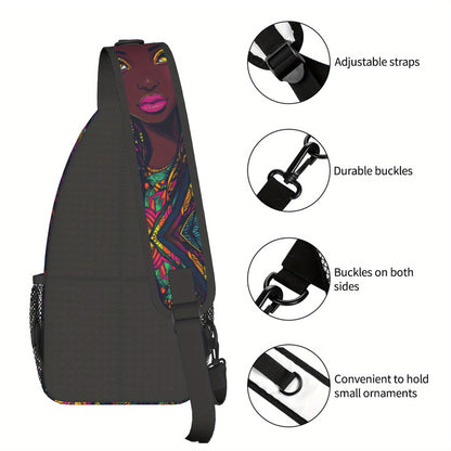 Women's African Print Crossbody Bag - Large Capacity Chest Bag with Zipper Closure, Bold African Woman Portrait in Purple, Blue, Yellow, Green, Red - Durable Gym, Travel, Everyday Bag for Women - Easy-Care Hand Washable Desig