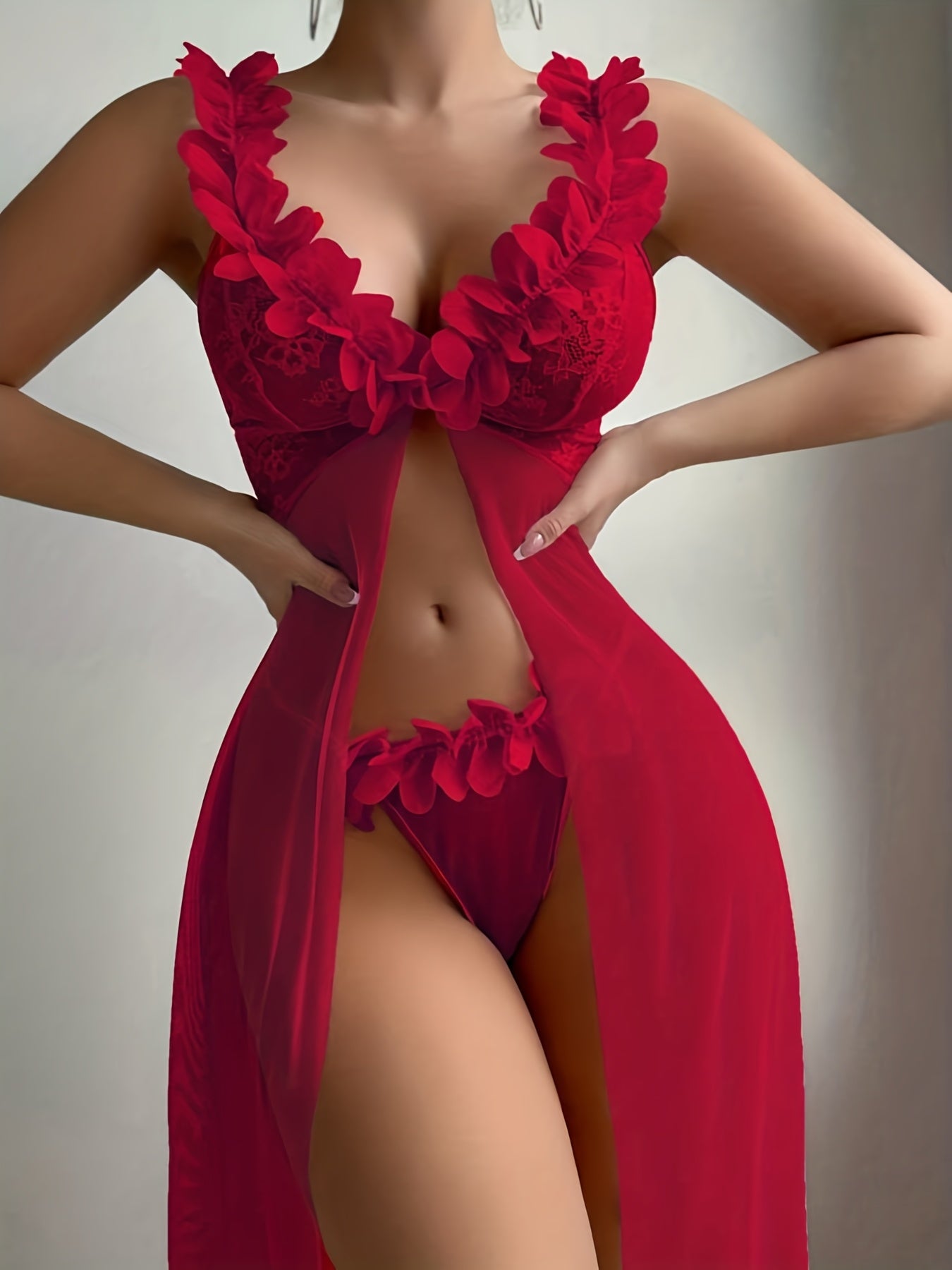 Women's Seduction Night 3D Floral Lace Lingerie Dress Nightgown Set + Thong, Intimate Apparel, Bedroom Attire, Lace Trim, Feminine Design, Breathable Fabric, Hand Wash Only, Matching Set, Sleepwear Combo, Romantic Wear, Boudo
