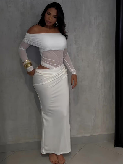 Women'S Elegant White Off-Shoulder - Mesh Long-Sleeve Mermaid/Trumpet Mermaid Maxi Dress - Sexy Sheer Formal Evening Gown with Waist-Cut Silhouette, Solid Color Party Wedding Gala Evening Dress for Women - Structured Fit & Fl