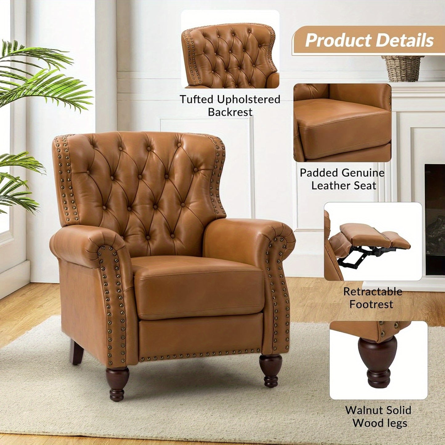 Genuine Leather Recliner Chair - Manual Push Back Recliner Sofa w/ Solid Hardwood Legs, Brown Luxury Living Room Armchair, Easy Assembly Non-Electric Recliner for Home Theater & Reading Nook - Durable Leather Upholstery, Soph