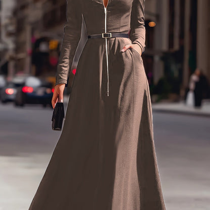 Elegant Women's Dress with a Lapel, Long Skirt, Long Sleeves, Zipper Details, Advanced Tailoring, Waist Cinching,, Flared Design, Fashionable, Elegant, Full of Aura, Queen-like Style, Suitable for Autumn Dates, Parties, Dinne