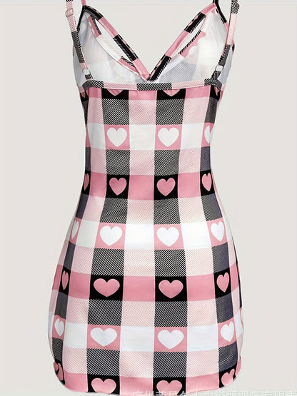 Women's Heart Plaid Fashion Set Split Top & Slit Skirt Combo for Home Wearing/Themed Dating/Stylish Streetwear Sweet Eye-catching Heart Plaid Design Comfort Fit Female Fashion Outfit