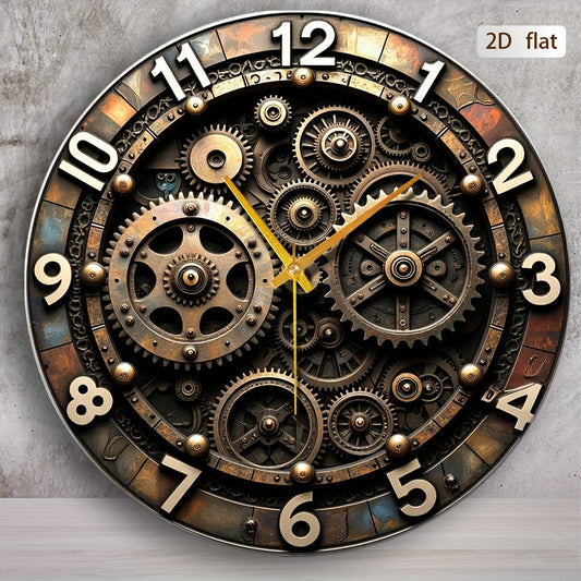 12x12 Inch Steampunk Gear Wall Clock - Industrial Vintage Silent Non-Ticking Glass Clock with Black & Golden/Green/Grey/Golden Gear Design, Easy to Install, Large Round Modern Decor for Home, Office, Studio, Kitchen, Bedroom,