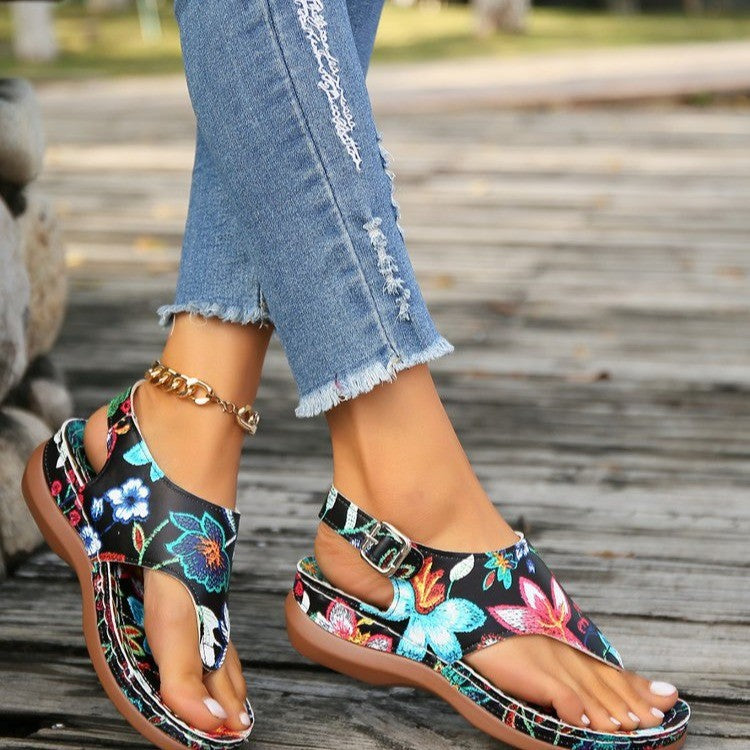 Women'S Plus Size Ethnic Floral Sandals - Adjustable Ankle Strap, Open Toe Platform Wedge Heel, Vibrant Embroidered Flower Design, Summer Casual Shoes, European & American Style, Summer Footwear | Vibrant Embroidery | Durable
