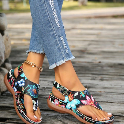 Women'S Plus Size Ethnic Floral Sandals - Adjustable Ankle Strap, Open Toe Platform Wedge Heel, Vibrant Embroidered Flower Design, Summer Casual Shoes, European & American Style, Summer Footwear | Vibrant Embroidery | Durable