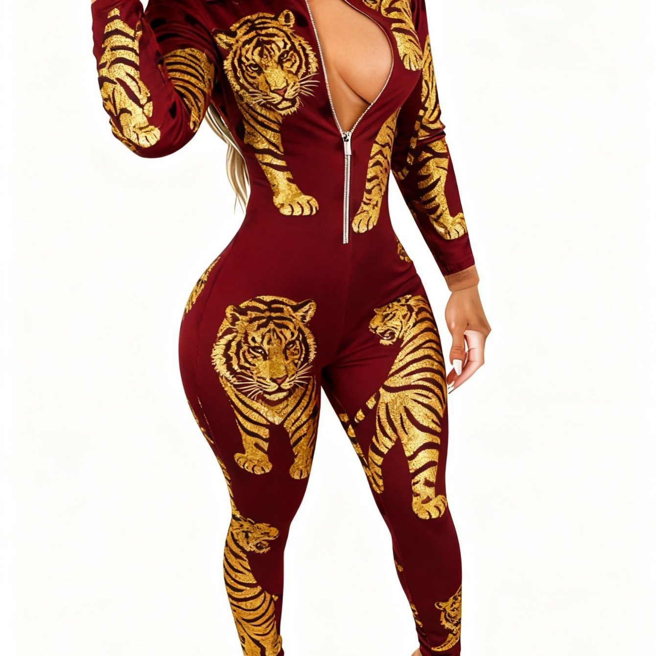 Plus Size - Women'S 4-Season Long Sleeve Jumpsuit | Zipper Design, Lightweight Style with Cute Animal Print, Perfect for Daily Outings & Casual Wear, Slight Stretch Fabric, All-Over Print