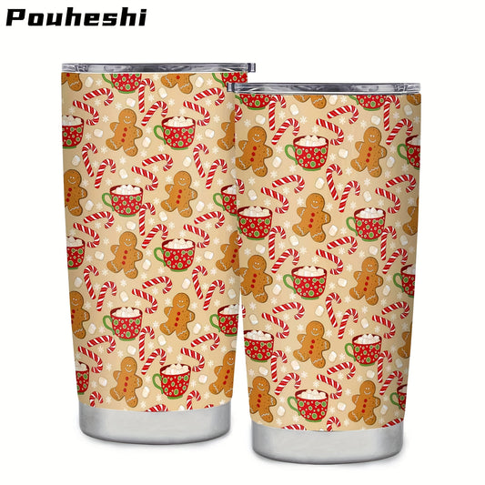 1pc 20oz Stainless Steel Christmas Gingerbread Tumbler | Double-Wall Insulated, Leakproof, Slip Grip, Reusable for Hot/Cold Drinks, Holiday Gift with Gingerbread Men, Candy Canes & Coffee Beans Design - Durable 403 Stainless