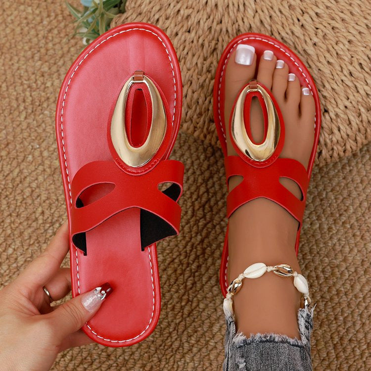 Women'S Roman Sandals with Metallic Buckle Strap - Slip-On Open-Toe Flat Sandals, PU Synthetic Cover Upper & Sole, Comfortable Casual Shoes for Casual Attire, Strappy Sandals, Everyday Footwear, Durable Footwear, Stylish Foot