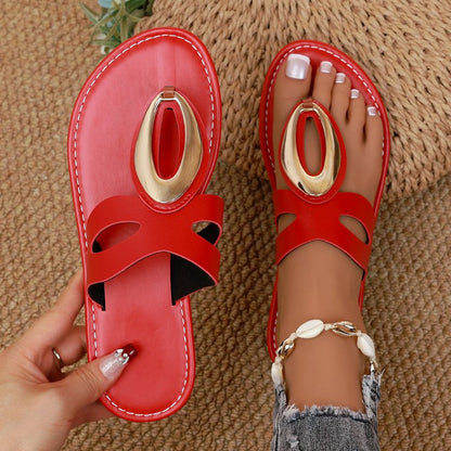 Women'S Roman Sandals with Metallic Buckle Strap - Slip-On Open-Toe Flat Sandals, PU Synthetic Cover Upper & Sole, Comfortable Casual Shoes for Casual Attire, Strappy Sandals, Everyday Footwear, Durable Footwear, Stylish Foot