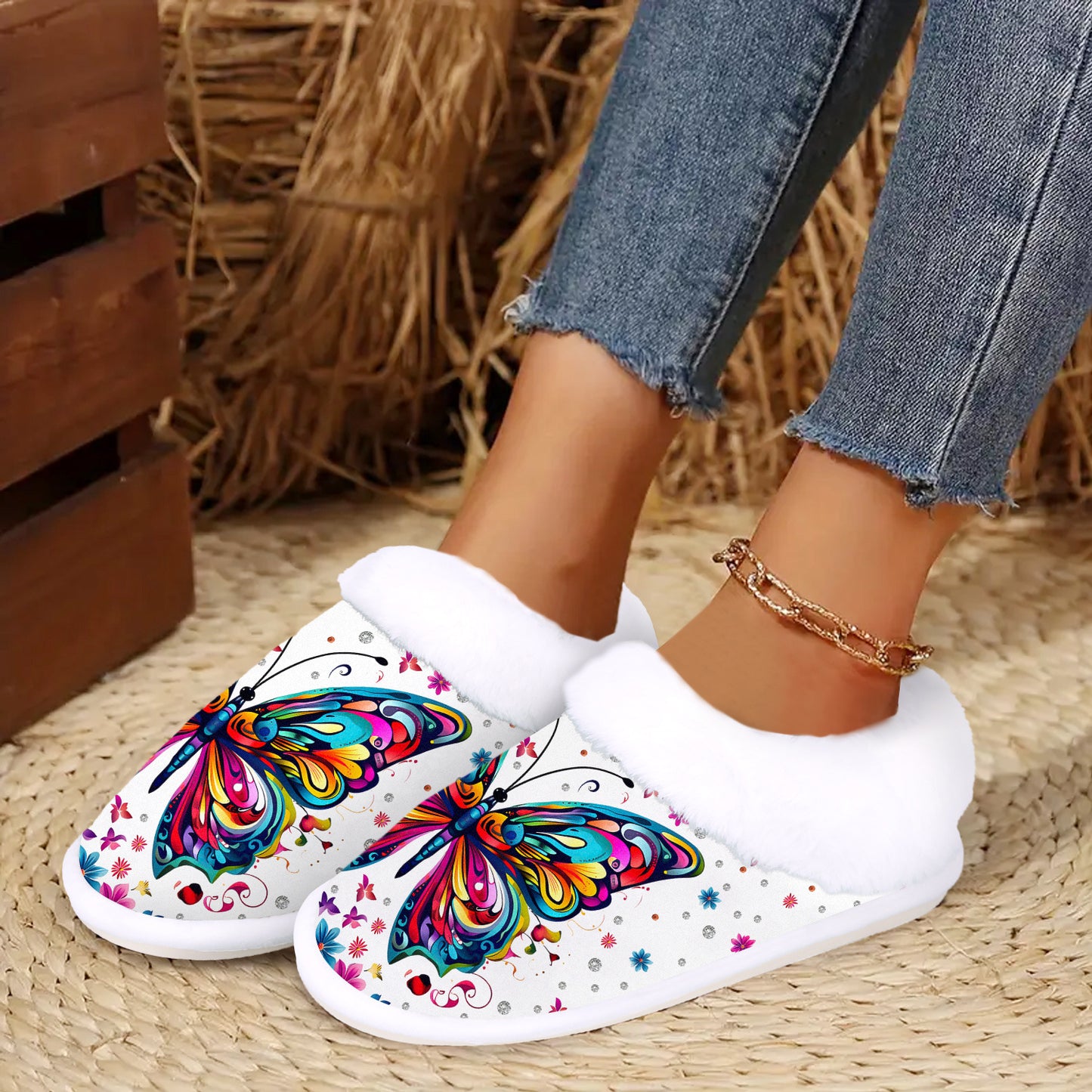 Women's Plush Butterfly Print Slip-On Slippers with Non-Slip Rubber Sole - Cozy Plush Indoor/Outdoor House Shoes, Winter Warm & Butterfly Wing Design (Pink/Blue/Purple/Green/Yellow) - Butterfly-Themed Gift for Grandma, Mom,