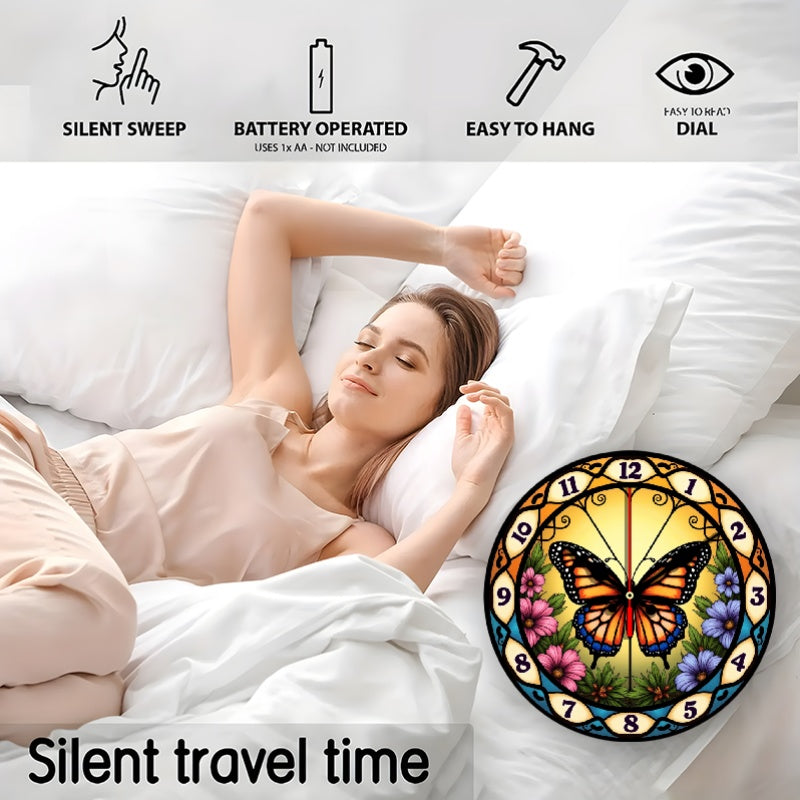 1pc Stained Glass Butterfly Suncatcher Wall Clock - 10 Inch Round Silent Non-Ticking Battery-Powered (AA Not Included) with Easy-to-Read Numerals, Multicolor (Orange/Pink/Purple/Green/Yellow) Floral Butterfly Design - Elegant