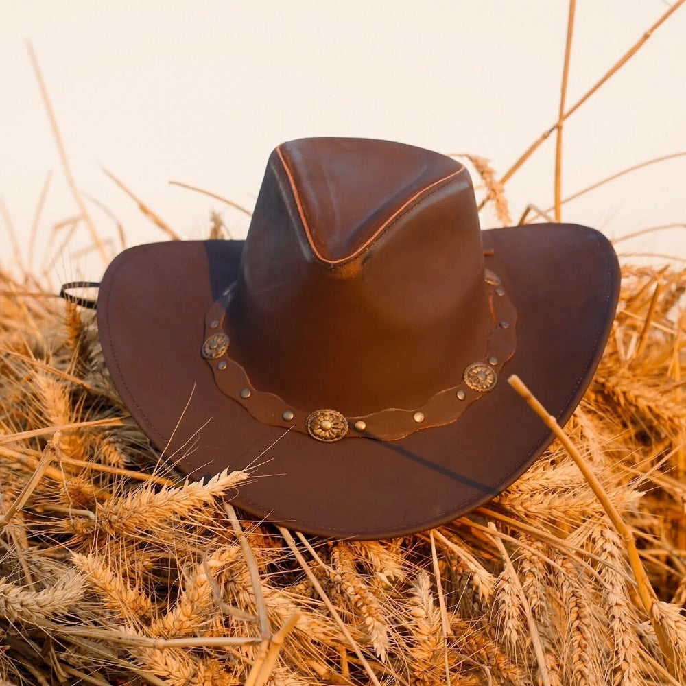 Brown Genuine Leather Western Cowboy Hat for Men & Women – Classic Outdoor Riding & Country Style Accessory for Travel, Horseback Riding, Ranch Work, Camping, Festivals & Daily Wear – Perfect Gift for Christmas, New Year,