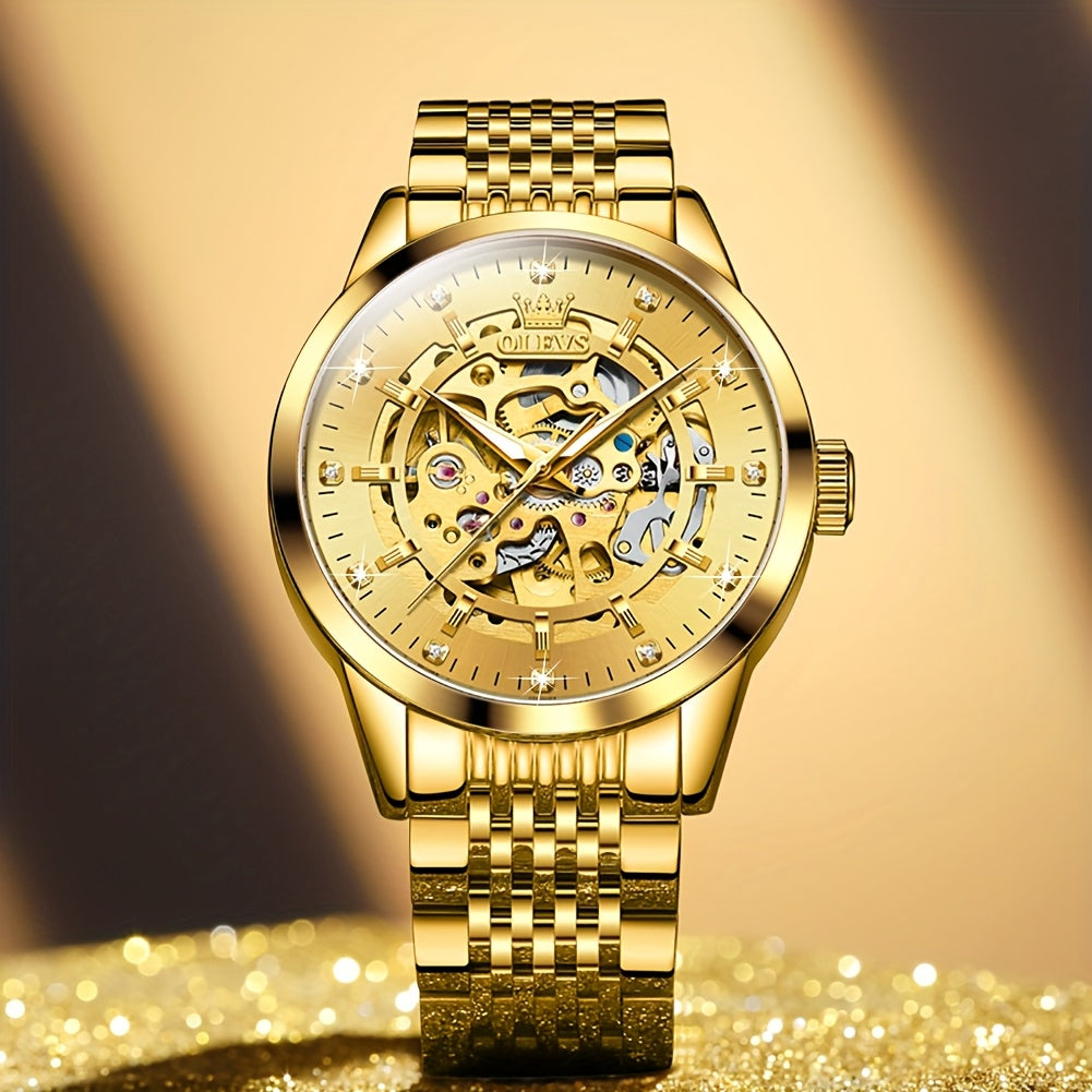 OLEVS Men'S Luxury Skeleton Watch - Automatic Mechanical Self-Winding, Luminous Hands & Double-Sided Openwork Case, Stainless Steel Business Chronograph Watch with Exposed Movement, No Battery/Electricity-Free Operation for F
