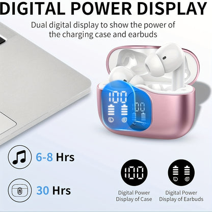 Wireless Earphones, Wireless 5.3 Earphones with Bass Stereo Sound, Earphones with Noise Cancelling Microphone And LED Display Screen, In Ear Earphones, 40 Hours Of Playback Time, Suitable for Laptops, Tablets, Mobile Phones,