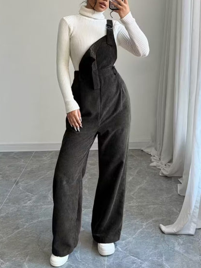 Women's Dark Gray Corduroy Jumpsuit - Wide-Leg Double-Shoulder Strap Romper with Collar & Double Button Closure, All-Season Casual to Semi-Formal Outfit (Hand Washable) for, Weddings, Parties - Corduroy Suit