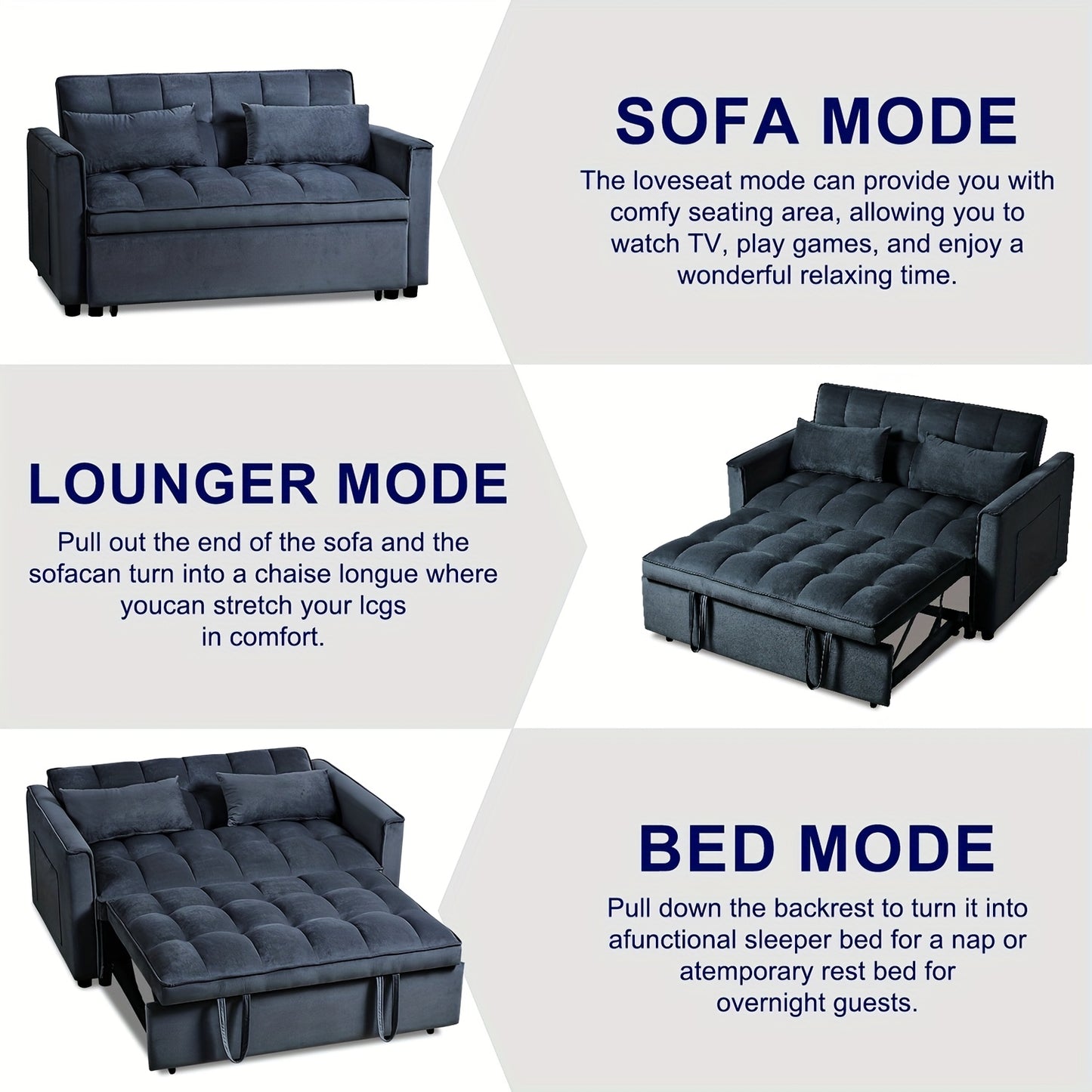 54" Black Velvet 3-in-1 Convertible Sofa Bed with Adjustable Backrest & Pull-Out Sleeper - Space-Saving Sleeper Sofa with Storage Pocket, Hardwood Frame, Modern 2-Seater for Small Apartments, Living Room, Guest Room - No Asse