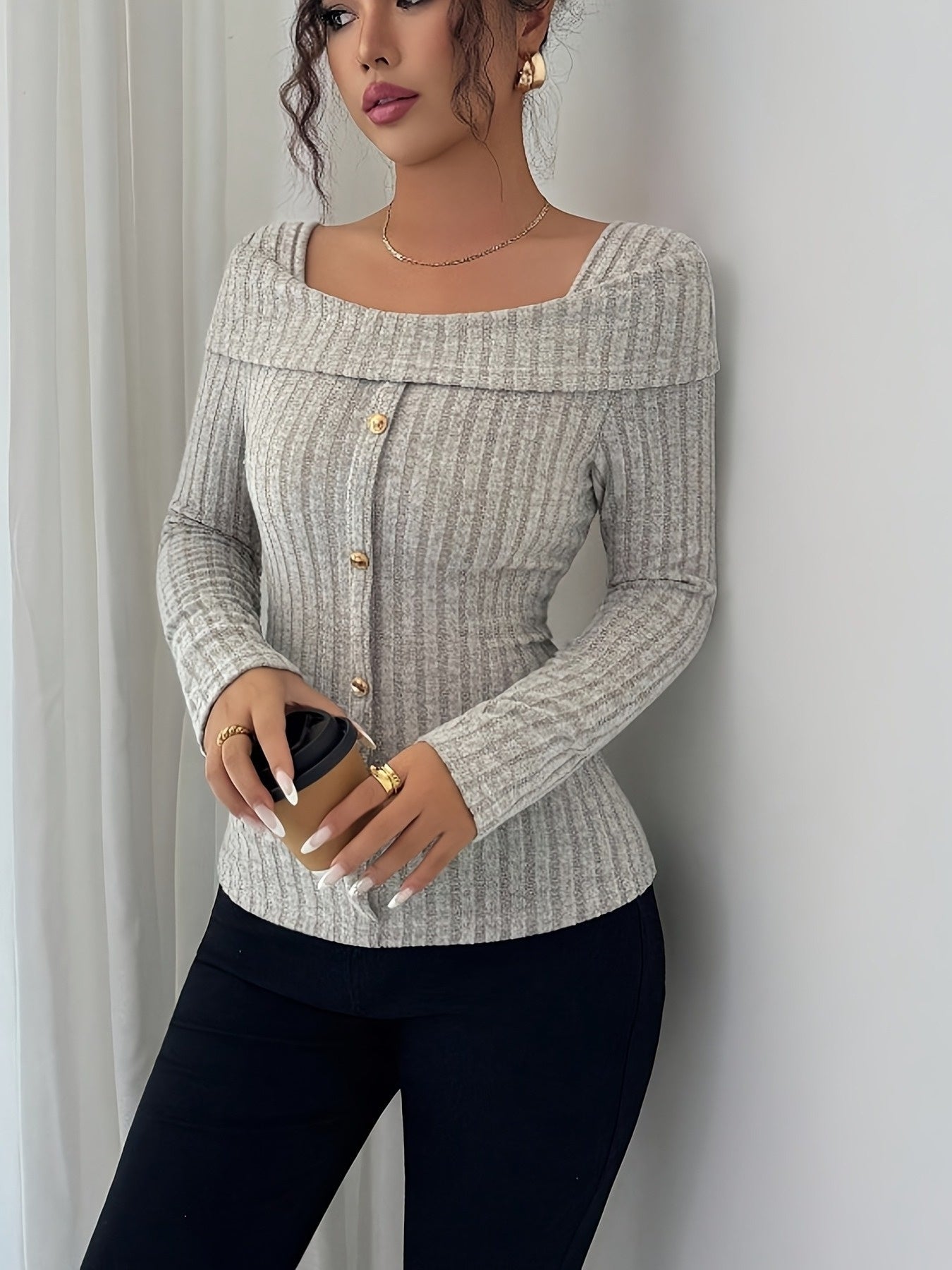 Women'S Slim-Fit Cropped Ribbed T-Shirt - Long Sleeve Square Neck Layering Top, X-Line Silhouette for Fall Winter, Elegant Casual & Semi-Formal Wear, Soft Stretchy Fabric, No Padding, Versatile Everyday to Office Outfits (Sol