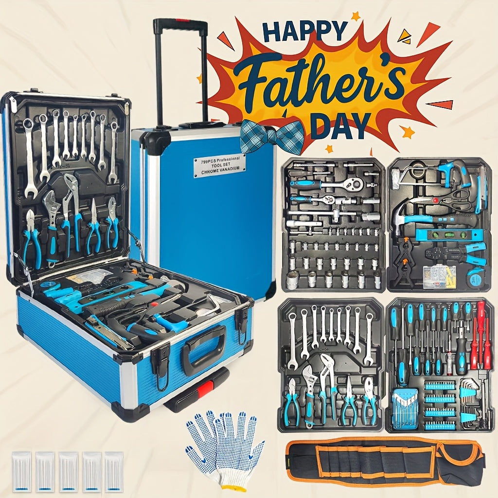 799pcs Men's Tool Set with Rolling Box, Complete Household Tool Kit in Aluminum Trolley Case, Ideal Father's Day Gift, Tool Box, Tool Set, valentines day gift