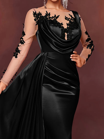 Elegant Long Ladies' Gown with Lace Detail | Solid Color, Contrast Mesh, Long Sleeve, Gown Hem, Ideal for Christmas, Birthday, Graduation, Travel