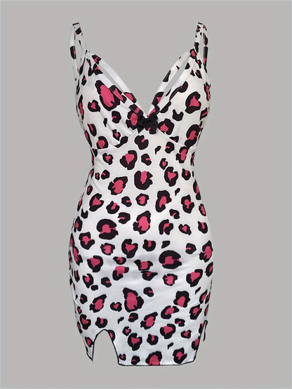 Heart Plaid Print Spaghetti Strap V Neck Slim Fit Slit Sleepwear