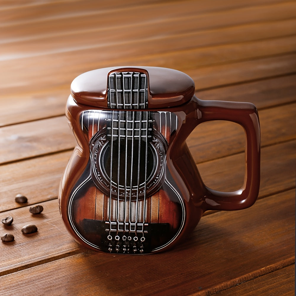 Guitar-Shaped Ceramic Mug - Large 500ml Music-Themed Coffee Cup with Spanish Lyre & Guitar Tab Design, Freezer- Lid, Hand Wash Only - Gift for Musicians, Musically-Inspired Drinkware for Home, Office, Dorm (Guitar Pick Accent