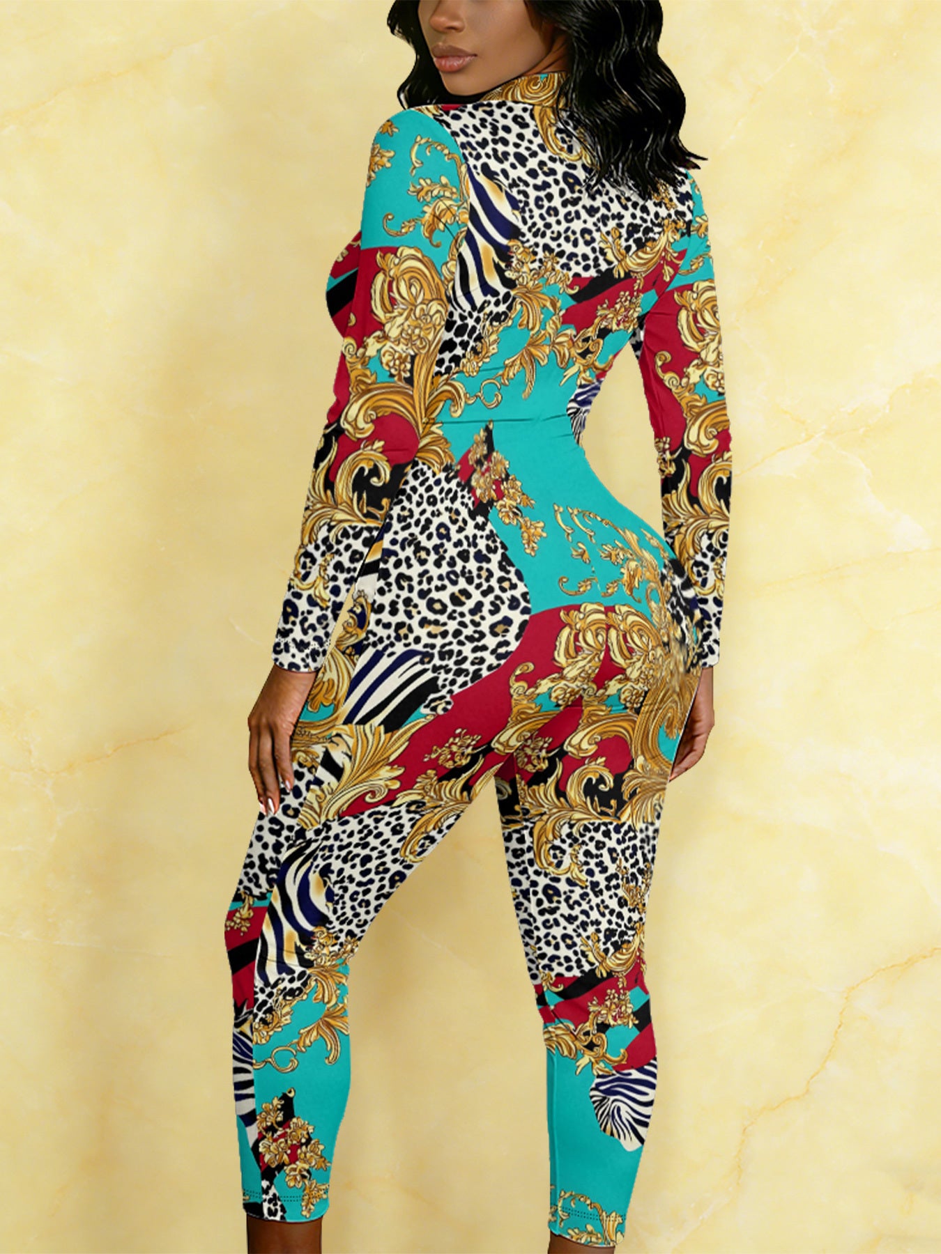 Ladies' Four-season Long-sleeved Sexy Jumpsuit, Front Zipper Design, Light Style, Fashionable Full-print, Perfect for Daily Outings and Casual Wear, Fashionable and Sexy Outfit