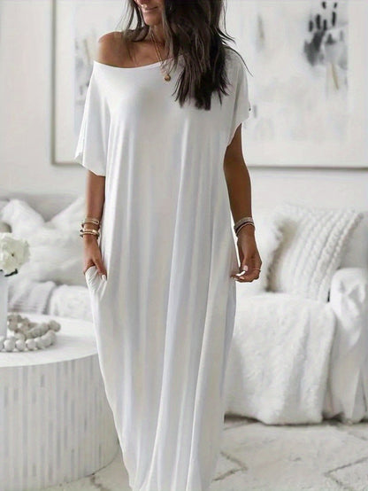 Women's Solid Color Batwing Sleeve Lounge Dress, Casual Comfy Short Sleeve Nightdress for Daily Wear, Loungewear, Ladies Sleepwear for All Seasons