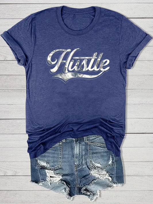 Women'S Casual "Hustle" Graphic Tee - Red Short Sleeve Round Neck T-Shirt with White Artistic Lettering, Lightweight Polyester Blend, Relaxed Fit for Spring & Summer, Casual Summer Wear | Comfortable Fit
