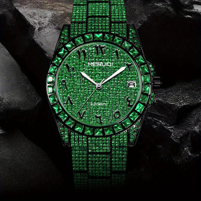 1pc Men's Luxury Green Tourbillon Mechanical Watch with Automatic Movement, 4-Hand Display (Hour/Minute/Second/Chronograph) - -Green Dial, Golden Hands & Black Bezel, Steel Band, Calendar, Mechanical Tourbillon Mechanism, No