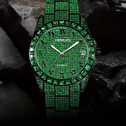 1pc Men's Luxury Green Tourbillon Mechanical Watch with Automatic Movement, 4-Hand Display (Hour/Minute/Second/Chronograph) - -Green Dial, Golden Hands & Black Bezel, Steel Band, Calendar, Mechanical Tourbillon Mechanism, No