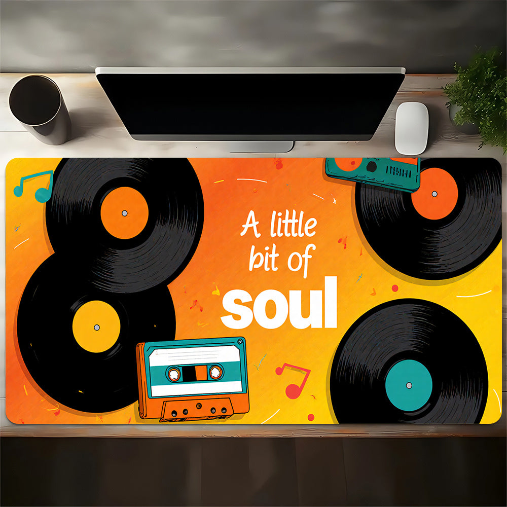 1pc Large Retro Vinyl Record Gaming Mouse Pad & Desk Mat - Soul Music Theme with "A Little Bit of Soul" Text, Vinyl & Cassette Design, Non-Slip Rubber Base, Smooth Surface for PC/Laptop, Ideal Gift for DJs, Musicians, Gamers