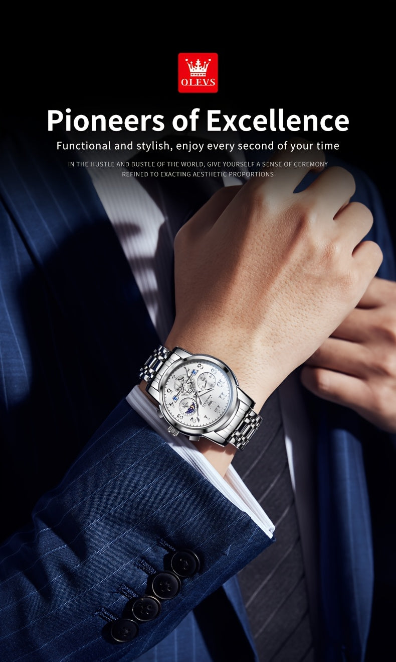 OLEVS Men's Luxury Multifunctional Quartz Watch - Stainless Steel Luminous Analog Watch with Moon Phase, Chronograph, Date/Day/24H Indicator, Golden-Tone & Bracelet for Business, Casual, Casual Attire - Dress Watch