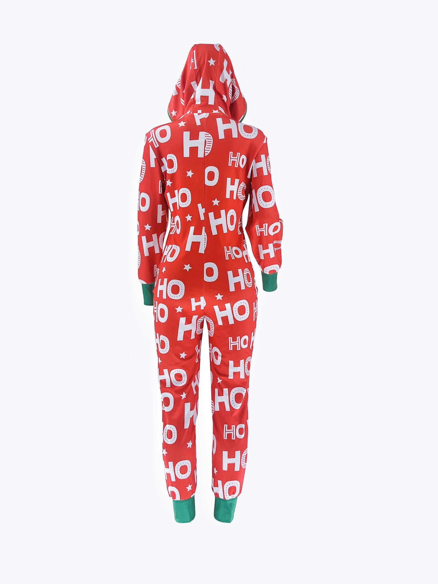 Ladies Festive Christmas Hooded Jumpsuit - Comfortable Long Sleeve "HO HO" Print, Front Zipper, Red and Green Festive Design, Machine Washable, Perfect for Fall/ Winter Parties, Christmas Clothes, Holiday Outfit, Seasonal Fas