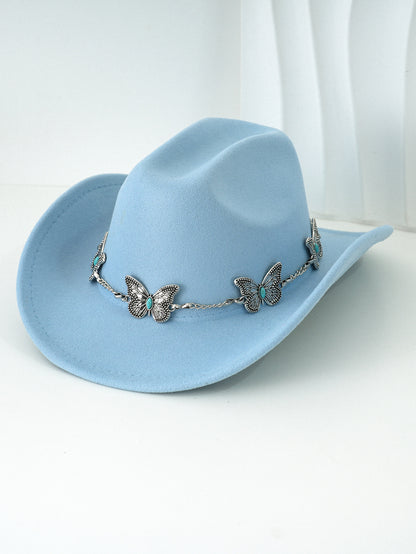 Women'S Bohemian Turquoise & White Cowboy Hat - Felt Wide Brim Sun Hat with Butterfly Metal Chain Accent, Non-Stretch Formal & Western Style for Christmas, Festivals, Casual Attire - Hand Washable Elegant Felt Cowboy Cap, Cow