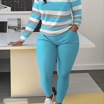 Unique Women's Striped Casual Set- Green And White, Long Sleeve Round Neck Top And Pants with Pockets, Weight Polyester Blend, Machine Washable, Comfortable Clothing| Pants| Polyester Blend